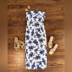 Strapless pencil dress blue and white